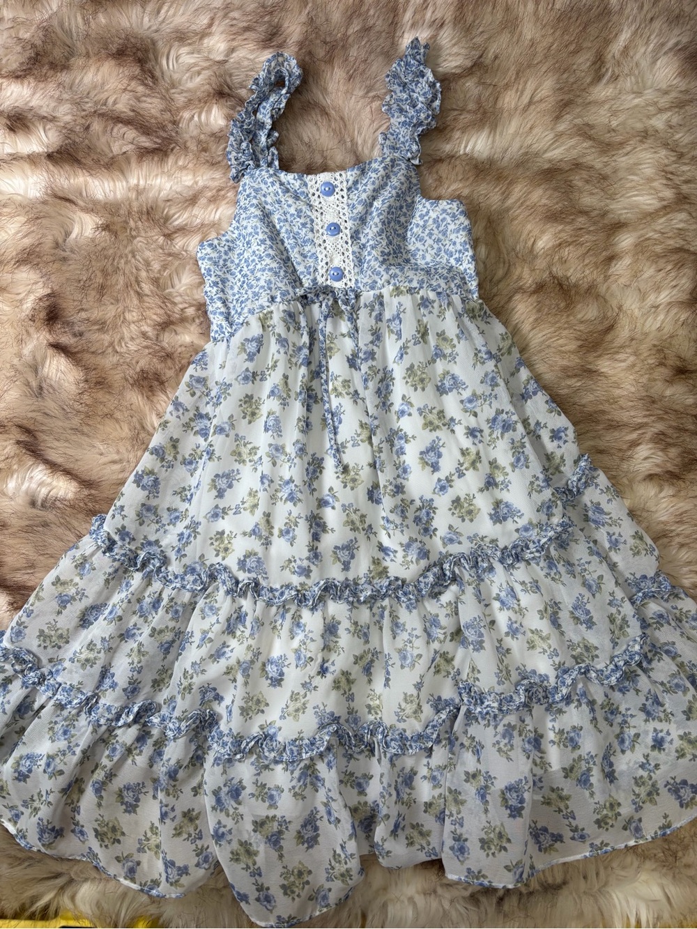 Jona Michelle Blue and White Floral Ruffle-Strap Dress